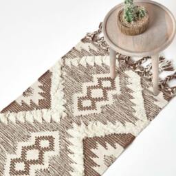 Rackhams Lhasa Handwoven Brown and Cream Diamond Kilim Wool Rug - 66 x 200 cm - thumbnail 1