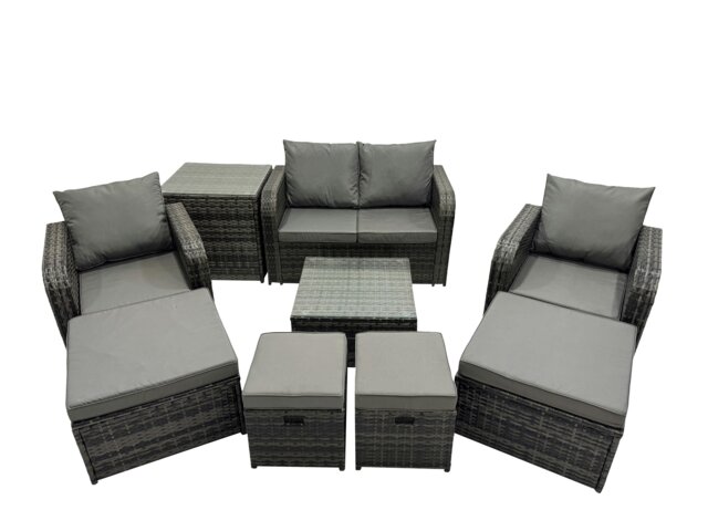 Rackhams Rattan Garden Outdoor Furniture Set Love Sofa Reclining Chair Square Coffee Table Set with 4 Stools Side Table Dark Grey Mixed - image 1