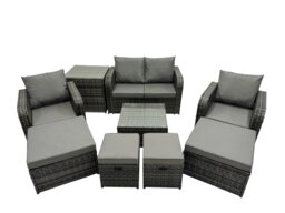 Rackhams Rattan Garden Outdoor Furniture Set Love Sofa Reclining Chair Square Coffee Table Set with 4 Stools Side Table Dark Grey Mixed - thumbnail 1