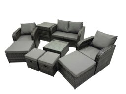 Rackhams Rattan Garden Outdoor Furniture Set Love Sofa Reclining Chair Square Coffee Table Set with 4 Stools Side Table Dark Grey Mixed - thumbnail 2