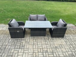 Rackhams Wicker PE Rattan Furniture Garden Dining Set Outdoor Patio Height Adjustable Rising lifting Table Love Sofa With Reclining Chair - thumbnail 1