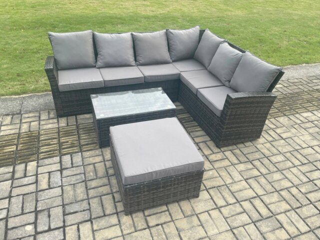 Rackhams 7 Seater High Back Outdoor Garden Furniture Set Rattan Corner Sofa Set With Rectangular Coffee Table Big Footstool Dark Grey Mixed - image 1