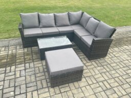 Rackhams 7 Seater High Back Outdoor Garden Furniture Set Rattan Corner Sofa Set With Rectangular Coffee Table Big Footstool Dark Grey Mixed - thumbnail 1