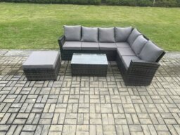 Rackhams 7 Seater High Back Outdoor Garden Furniture Set Rattan Corner Sofa Set With Rectangular Coffee Table Big Footstool Dark Grey Mixed - thumbnail 2