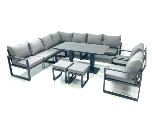 Rackhams 11 Seater Outdoor Aluminium Garden Furniture Set Corner Sofa 2 Chair 2 Small Footstool Adjustable Rising Lifting Dining Table Sets Dark Grey