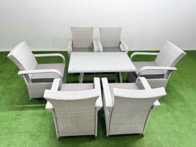 Rackhams Outdoor Rattan Garden Furniture Set Patio 6 Chairs Plus Rectangular Dining Table Sets Light Grey Mixed - image 1