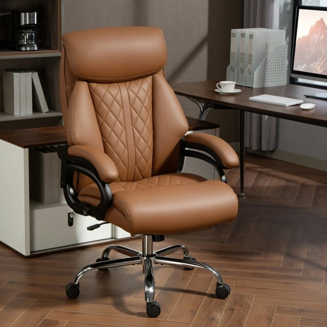 Rackhams PU Leather Office Chair with Spring Padding, Swivel Wheels, Black - Brown - image 1