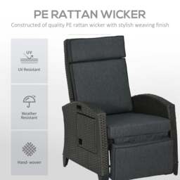Rackhams Outdoor Recliner Chair w/ Cushion Rattan Reclining Lounge Chair, Grey - Khaki - thumbnail 5