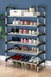 Rackhams 6 Tiers Shoe Rack Organizer Stainless Steel Stackable Space Saving Shoe Shelf - Black - One Size