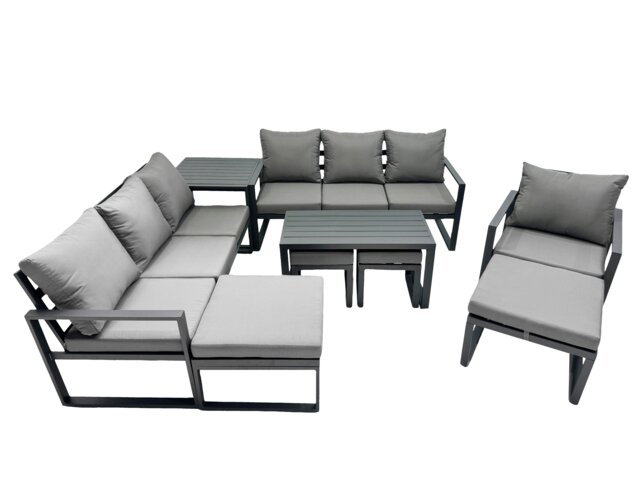 Rackhams Outdoor Garden Furniture Set Aluminium Lounge 3 Seat Sofa Oblong Coffee Table Sets with Chair 4 Stools Side Table Dark Grey - image 1