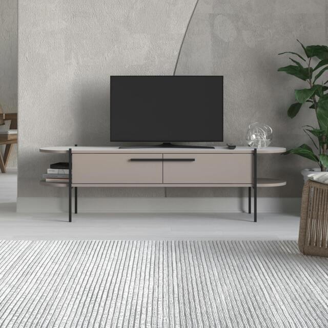 Rackhams Otis Modern TV Unit Multimedia Centre Mocha Grey White Metal Leg Storage TV Cabinet 160cm - Mocha Grey-White - image 1