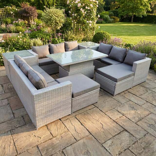 Rackhams 11 Seater Rattan Outdoor Garden Furniture Set with Height Adjustable Table, 3 Sofas, 2 Side Tables, 2 Footstools - Light Grey - image 1