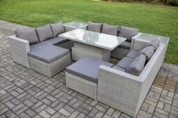 Rackhams 11 Seater Rattan Outdoor Garden Furniture Set with Height Adjustable Table, 3 Sofas, 2 Side Tables, 2 Footstools - Light Grey - thumbnail 4
