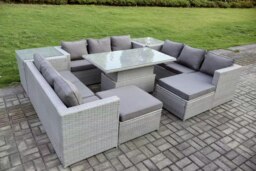 Rackhams 11 Seater Rattan Outdoor Garden Furniture Set with Height Adjustable Table, 3 Sofas, 2 Side Tables, 2 Footstools - Light Grey - thumbnail 5