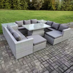 Rackhams 11 Seater Rattan Outdoor Garden Furniture Set with Height Adjustable Table, 3 Sofas, 2 Side Tables, 2 Footstools - Light Grey - thumbnail 2