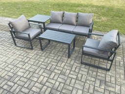 Rackhams Aluminium Outdoor Garden Furniture Set Patio Lounge Sofa with Oblong Coffee Table 2 Armchairs Side Table Dark Grey - thumbnail 2