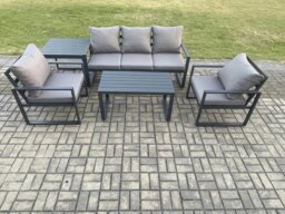 Rackhams Aluminium Outdoor Garden Furniture Set Patio Lounge Sofa with Oblong Coffee Table 2 Armchairs Side Table Dark Grey