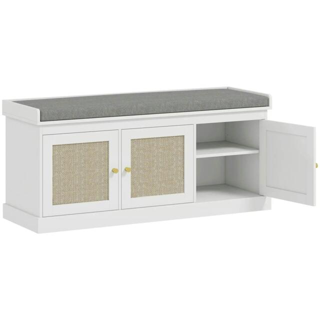 Rackhams Shoe Storage Bench with Woven Rattan Doors, Seat - White
