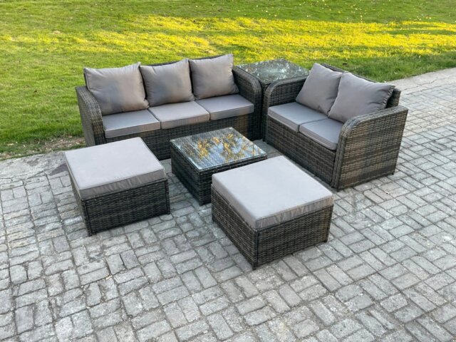 Rackhams 7-Seater High Back Rattan Garden Lounge Set - Dark Grey Mixed Indoor/Outdoor Patio Sofa with Square Coffee Table & 2 Big Footstools - image 1