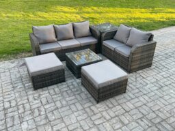 Rackhams 7-Seater High Back Rattan Garden Lounge Set - Dark Grey Mixed Indoor/Outdoor Patio Sofa with Square Coffee Table & 2 Big Footstools - thumbnail 1