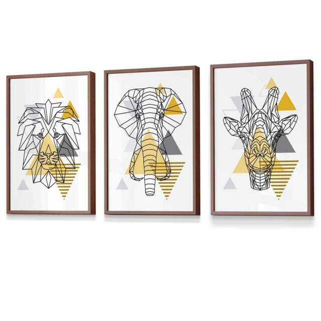 Rackhams Yellow Geometric Giraffe Lion Elephant Set of 3 Framed Wall Art - 42x59cm (A2) - Light Walnut - image 1