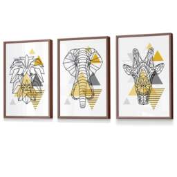 Rackhams Yellow Geometric Giraffe Lion Elephant Set of 3 Framed Wall Art - 42x59cm (A2) - Light Walnut - thumbnail 1