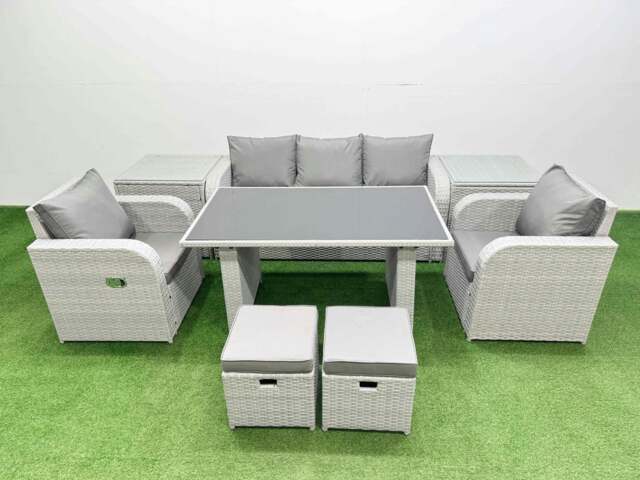 Rackhams Outdoor Rattan Garden Furniture Dining Set 7 seater Patio Rectangular Table 3 Seater Sofa Reclining Chair Set with 2 Side Tables 2 Small Stools - image 1