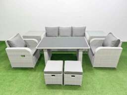 Rackhams Outdoor Rattan Garden Furniture Dining Set 7 seater Patio Rectangular Table 3 Seater Sofa Reclining Chair Set with 2 Side Tables 2 Small Stools - thumbnail 1
