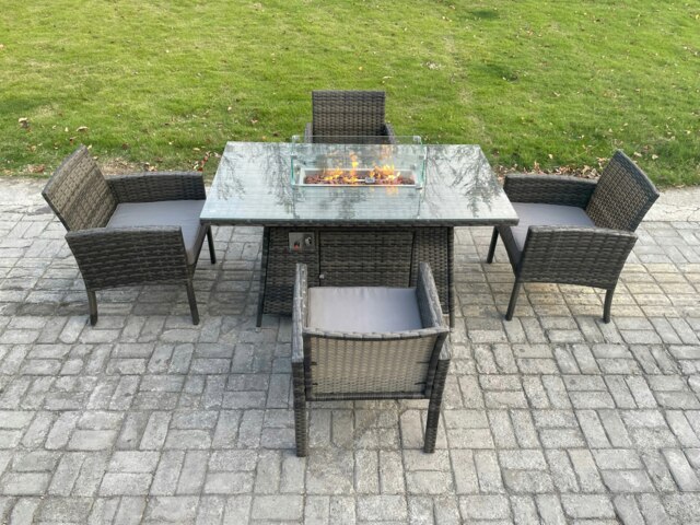 Rackhams Outdoor Rattan Garden Furniture Set Gas Fire Pit Rectangular Table Sets Gas Heater with 4 Seater Dining Cahirs Dark Grey Mixed - image 1