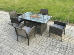 Rackhams Outdoor Rattan Garden Furniture Set Gas Fire Pit Rectangular Table Sets Gas Heater with 4 Seater Dining Cahirs Dark Grey Mixed - thumbnail 2