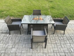 Rackhams Outdoor Rattan Garden Furniture Set Gas Fire Pit Rectangular Table Sets Gas Heater with 4 Seater Dining Cahirs Dark Grey Mixed - thumbnail 1