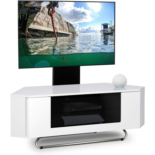 "Rackhams Hampshire Corner-Friendly Gloss White with Contrast Beam-Thru Remote Friendly Door 26""-50"" Flat Screen TV Cabinet with Mounting Arm" - image 1