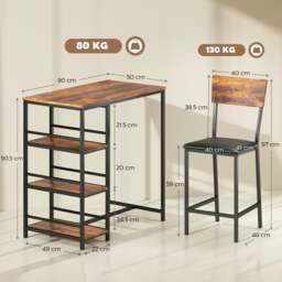 Rackhams Industrial Bar Table Set with Storage and Padded Seats, Rustic Brown - Steel, MDF, PU leather, Sponge - Rustic brown, black - 3 - thumbnail 3