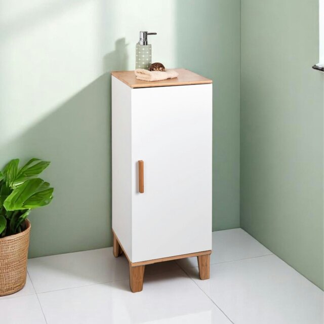 Rackhams Amalfi Matt White & Bamboo Single Floor Bathroom Cabinet - image 1