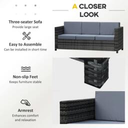 Rackhams 3 Seater All Weather Outdoor Sofa, Garden Rattan Sofa with Cushions and Mental Frame, Grey - thumbnail 4