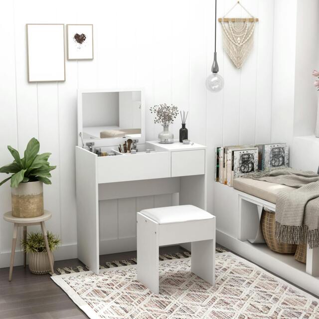 Rackhams Dressing Table Set Cushioned Stool Flip-up Mirror Drawer Chipboard Wood - White - image 1