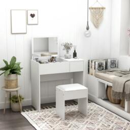 Rackhams Dressing Table Set Cushioned Stool Flip-up Mirror Drawer Chipboard Wood - White