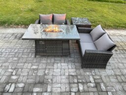 Rackhams 4 Pieces Garden Furniture Sets Poly Rattan Outdoor Patio Gas Fire Pit Dining Table Sofa Set for Garden Backyard Dark Grey Mixed - thumbnail 1
