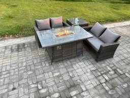 Rackhams 4 Pieces Garden Furniture Sets Poly Rattan Outdoor Patio Gas Fire Pit Dining Table Sofa Set for Garden Backyard Dark Grey Mixed - thumbnail 2