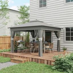 Rackhams 3.36 x 3.36m Pop Up Gazebo Party Tent with Solar-Powered LED Lights, Adjustable Event Shelter with Netting, Grey - thumbnail 3