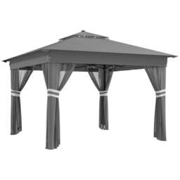 Rackhams 3.36 x 3.36m Pop Up Gazebo Party Tent with Solar-Powered LED Lights, Adjustable Event Shelter with Netting, Grey - Grey