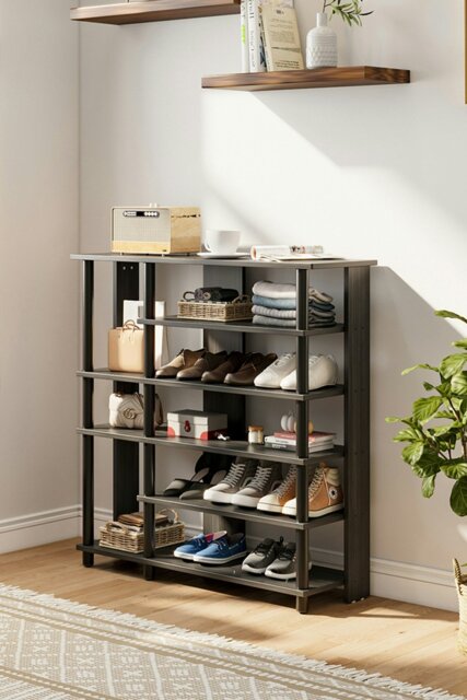 Rackhams 6-Layer Open-Style Wood Shoe Rack - Black - image 1