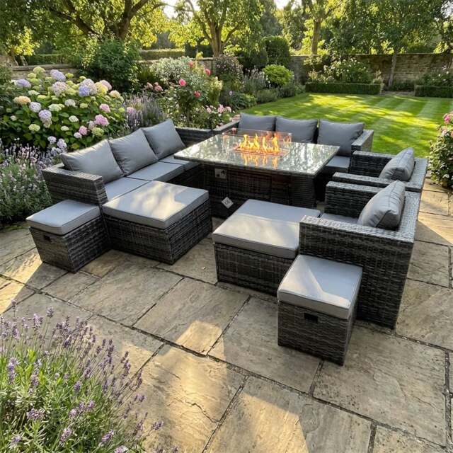 Rackhams 12 Seater Rattan Garden Furniture set with Fire Pit Dining Table, 2 Sofas, 2 Chairs, 4 Footstools - Dark Grey - image 1