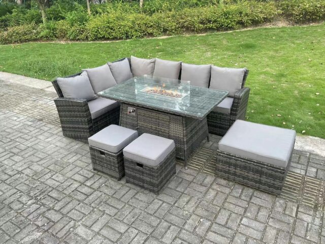 Rackhams Rattan Garden Furniture Set with Gas Fire Pit Dining Table, 6 Seater Corner Sofa, 3 Footstools - 9 Seater - Dark Grey - image 1
