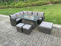 Rackhams Rattan Garden Furniture Set with Gas Fire Pit Dining Table, 6 Seater Corner Sofa, 3 Footstools - 9 Seater - Dark Grey - thumbnail 2