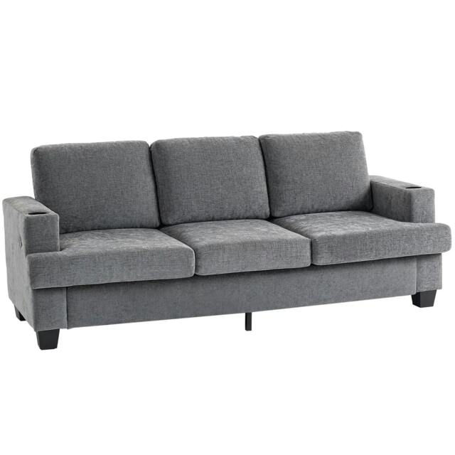 Rackhams 3 Seater Sofa with USB Ports & Cup Holders - Grey