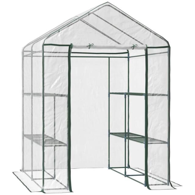 Rackhams Walk in Greenhouse with 3-Tier 8 Shelves, Green House with Hemmed Cover, Roll-up Zipped Door, Steel Frame, 143 x 143 x 195cm - transparent - image 1