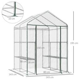 Rackhams Walk in Greenhouse with 3-Tier 8 Shelves, Green House with Hemmed Cover, Roll-up Zipped Door, Steel Frame, 143 x 143 x 195cm - transparent - thumbnail 3