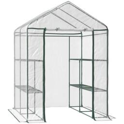 Rackhams Walk in Greenhouse with 3-Tier 8 Shelves, Green House with Hemmed Cover, Roll-up Zipped Door, Steel Frame, 143 x 143 x 195cm - transparent - thumbnail 1