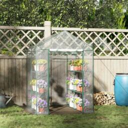 Rackhams Walk in Greenhouse with 3-Tier 8 Shelves, Green House with Hemmed Cover, Roll-up Zipped Door, Steel Frame, 143 x 143 x 195cm - transparent - thumbnail 2
